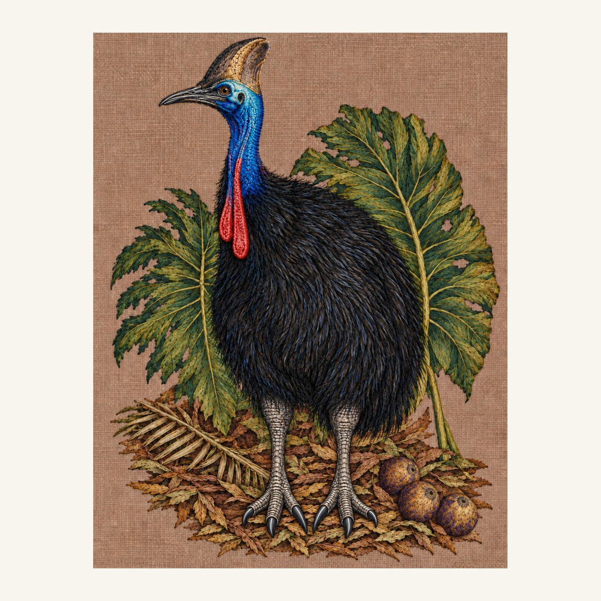 Digital embroidery reference showing a cassowary framed by rainforest leaves on warm terracotta-grey linen, portrait composition.