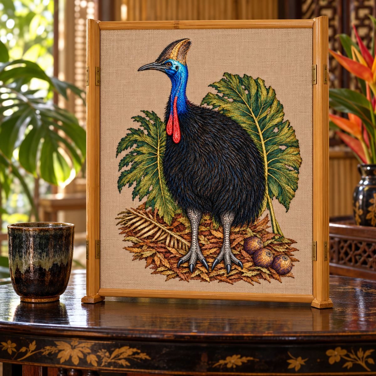 Cassowary embroidery design in a digital mockup of A portrait linen inset on a tall bamboo room screen; rainforest palette room, black lacquer side table, motif complete. Placement inspiration for Study 43.
