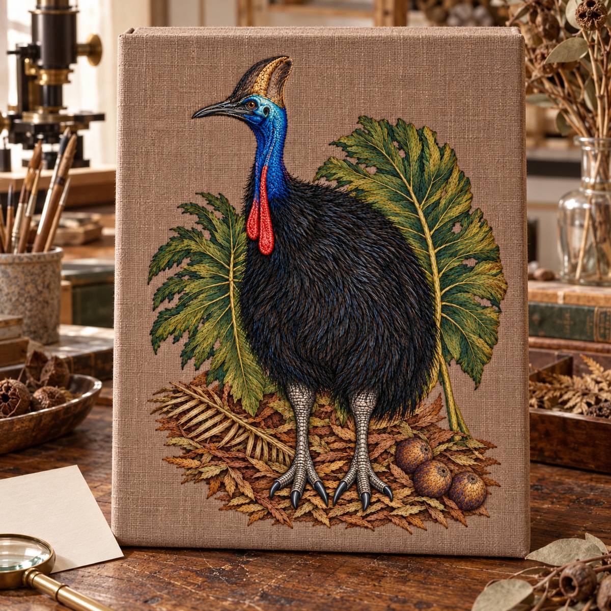 Cassowary embroidery design in a digital mockup of A embroidered linen lid on a large rectangular botanical archive case standing upright on museum workbench, blank card beside, no lettering. Placement inspiration for Study 43.