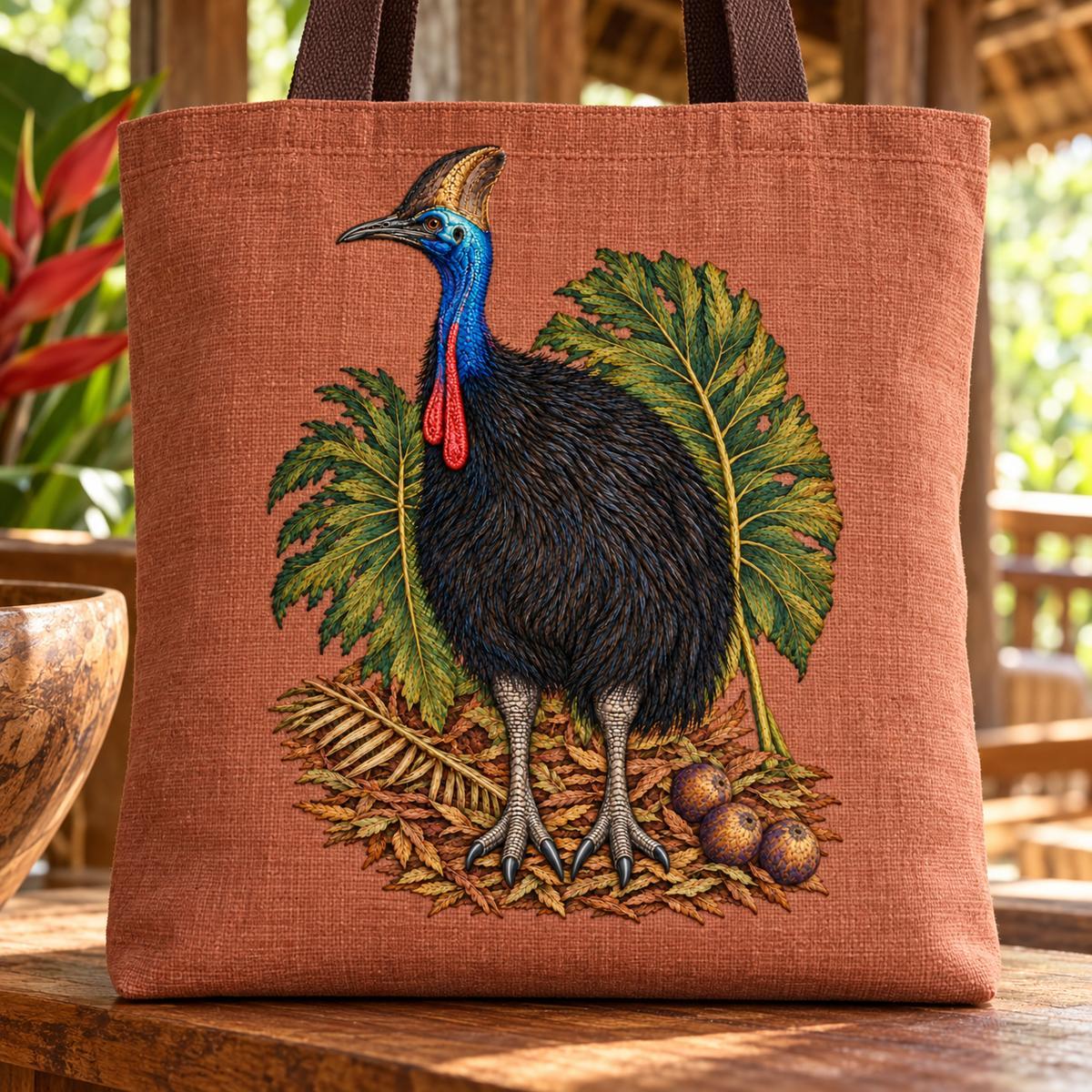 Cassowary embroidery design in a digital mockup of A tall structured fabric tote with warm terracotta linen front, dark handles held above frame, standing on a rainforest lodge shelf; no person. Placement inspiration for Study 43.