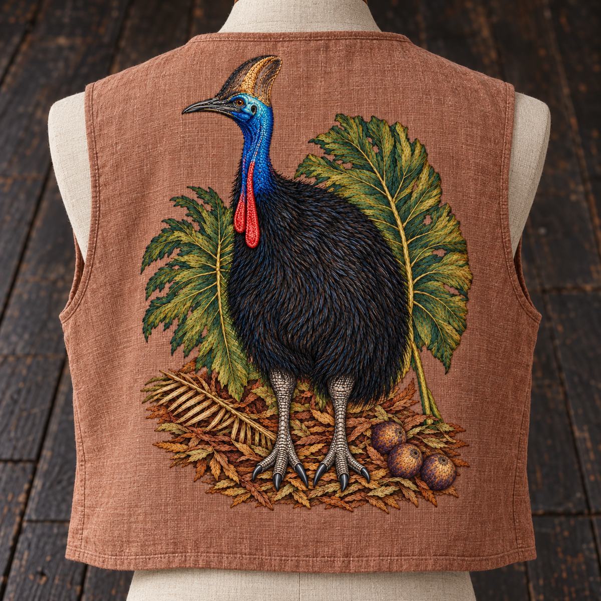 Cassowary embroidery design in a digital mockup of A embroidered back panel of a sleeveless loose natural linen vest on dress form from rear, entire flat motif, black wood studio floor. Placement inspiration for Study 43.