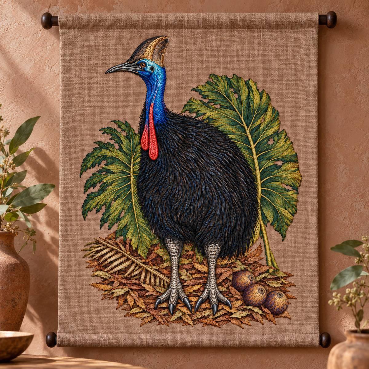 Cassowary embroidery design in a digital mockup of A textile wall banner on a single dark wooden rod with weighted lower hem, plaster botanical studio, vertical bird, no tassels crossing art. Placement inspiration for Study 43.