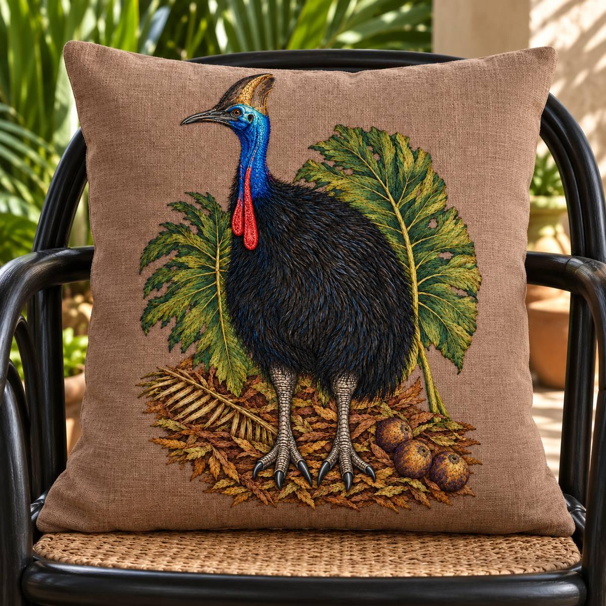 Cassowary embroidery design in a digital mockup of A terracotta-grey linen cushion upright in a black bentwood armchair, full motif on smooth front, tropical leaves outside cushion. Placement inspiration for Study 43.