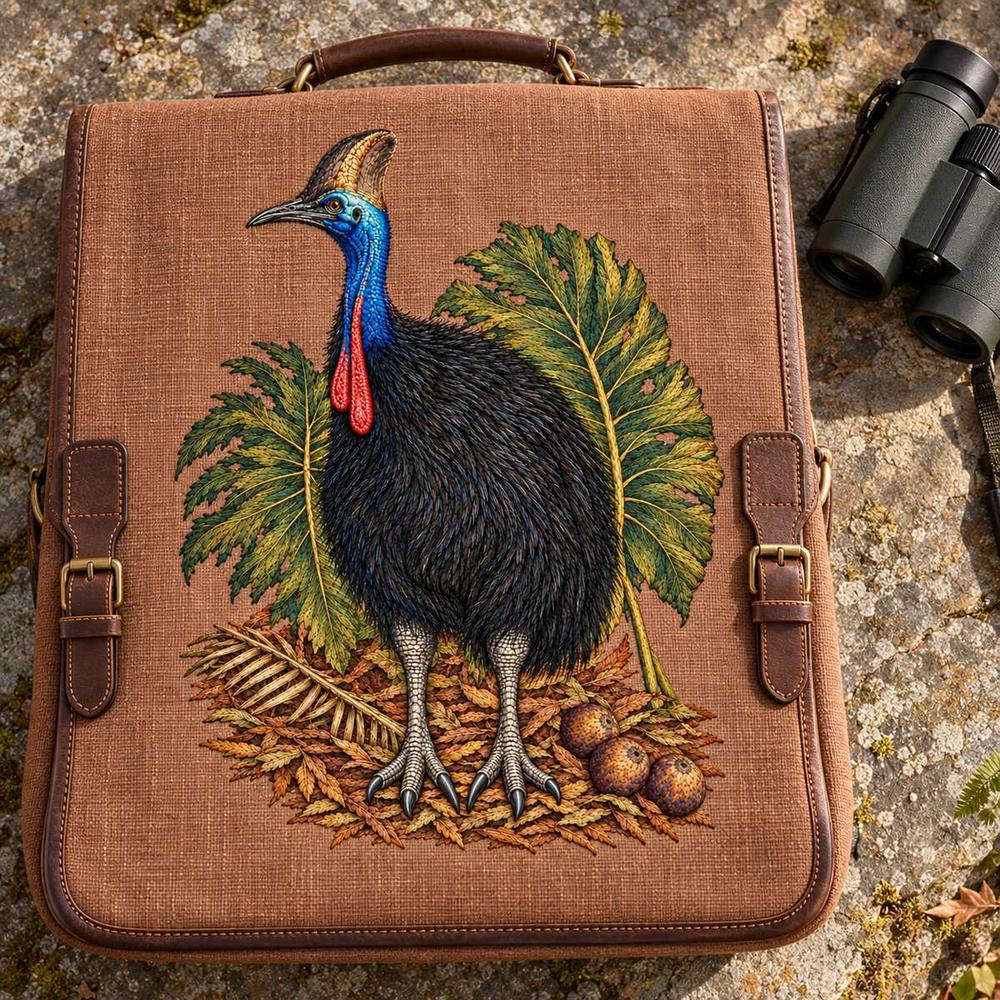 Cassowary embroidery design in a digital mockup of A embroidered flat cover of a large conservation field case laid on a stone table, overhead; closed binoculars far beside, unobstructed. Placement inspiration for Study 43.
