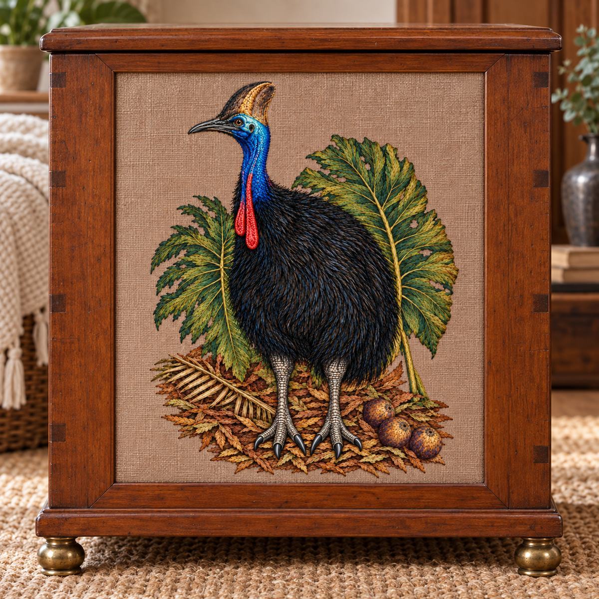 Cassowary embroidery design in a digital mockup of A linen panel inset into the tall front of a wooden blanket chest, front-on, brass feet below, cassowary motif upright with feet down. Placement inspiration for Study 43.