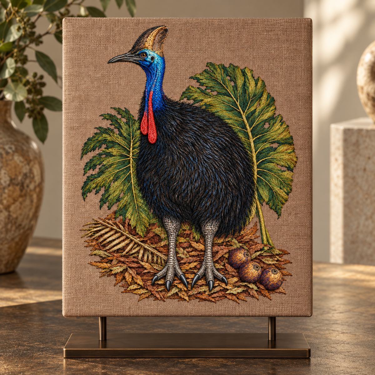 Cassowary embroidery design in a digital mockup of A freestanding upholstered display panel on a dark bronze tabletop stand, complete cassowary embroidery on warm linen, quiet gallery pedestal. Placement inspiration for Study 43.