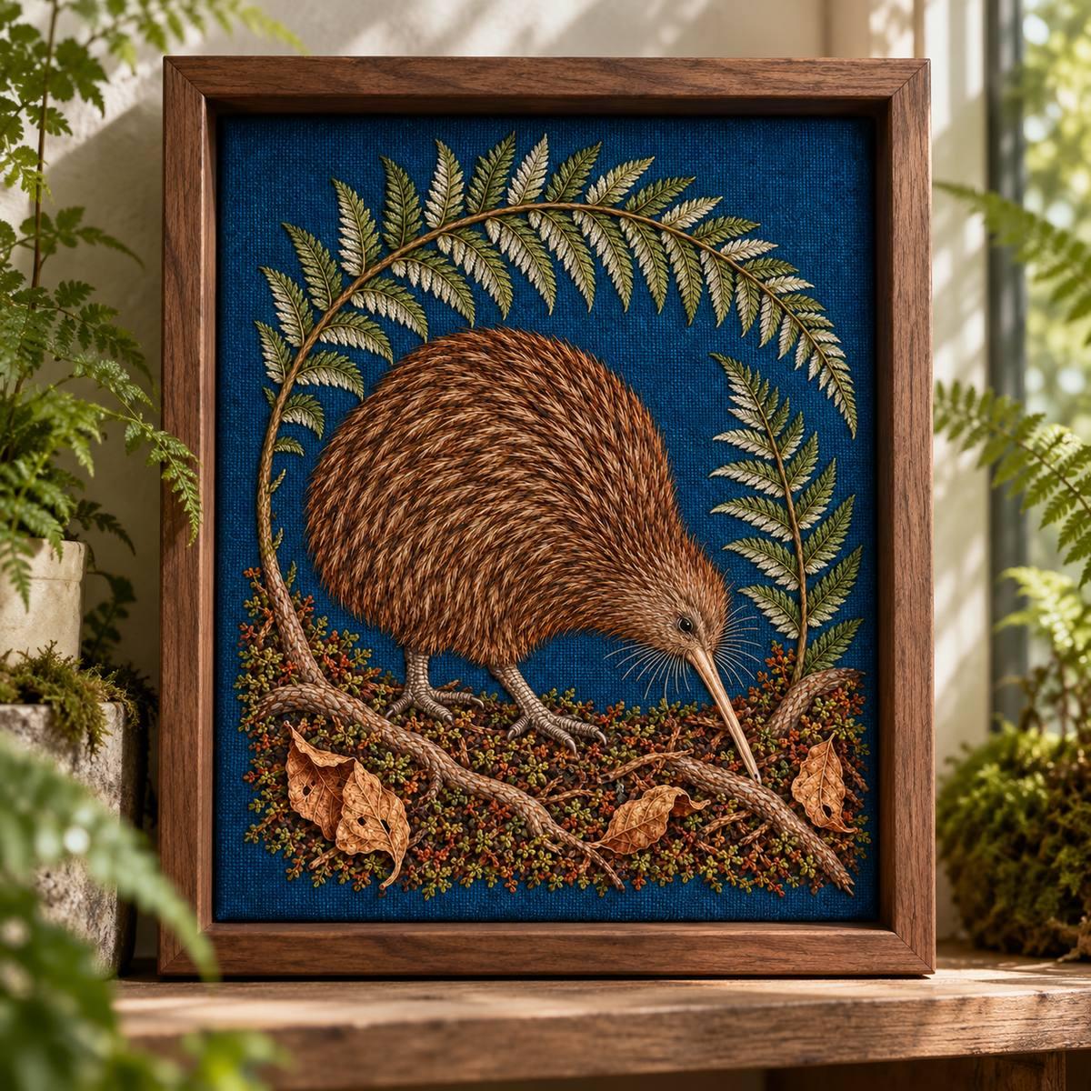 Kiwi embroidery design shown in a digital mockup of Small walnut shadowbox with a portrait textile field, on a narrow shelf in a mossy fern conservatory. Pale wall, no other animal art. Frame close-up. Study 44.