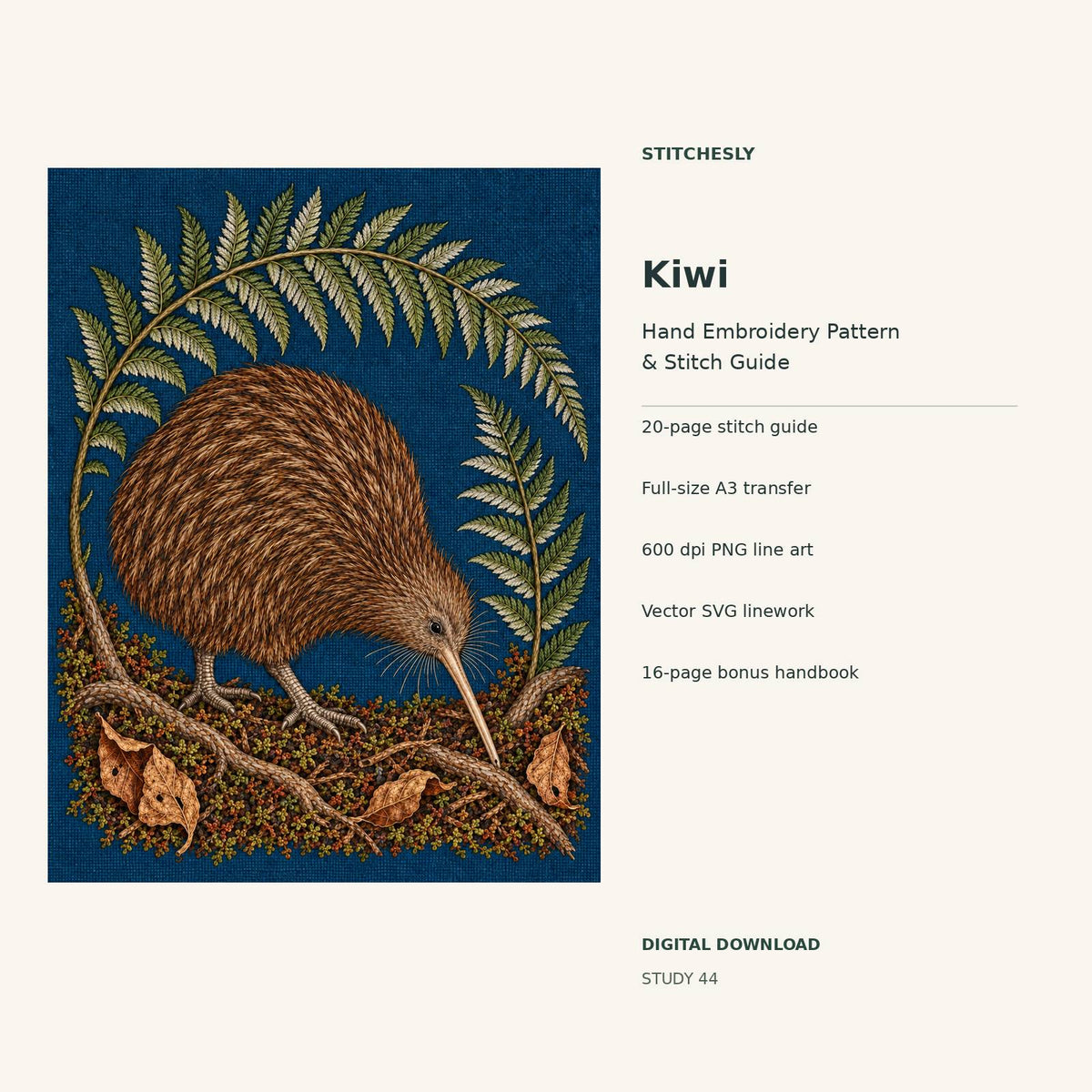Kiwi hand embroidery digital package cover showing the reference artwork and included guide, transfer, PNG, SVG and bonus handbook.