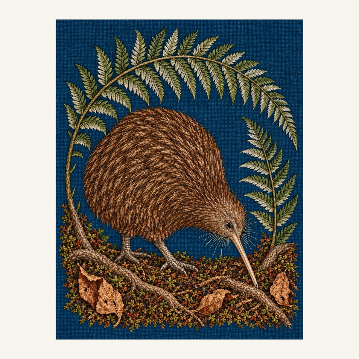 Digital embroidery reference showing a kiwi beneath an arching silver fern on deep smoky petrol-blue linen, portrait composition.