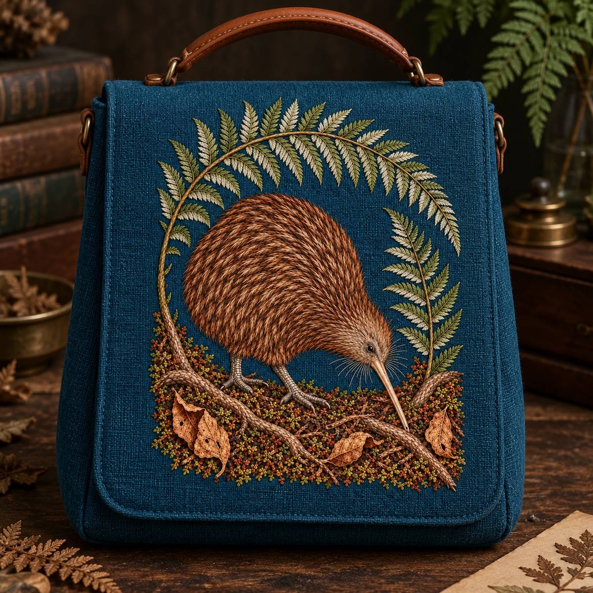 Kiwi embroidery design in a digital mockup of Structured petrol linen herbarium satchel, body , cognac leather handle. Full portrait motif on front, on a dark botanical worktable, no printed writing. Placement inspiration for Study 44.