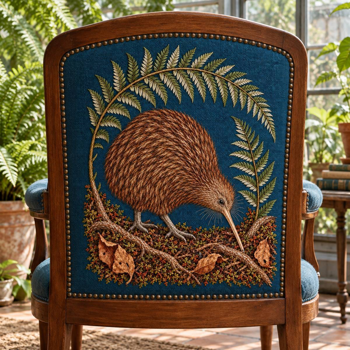Kiwi embroidery design in a digital mockup of Removable portrait panel on the back of an unoccupied small reading chair, visible upholstered insert . Fern greenhouse window, close straight-on view. Placement inspiration for Study 44.