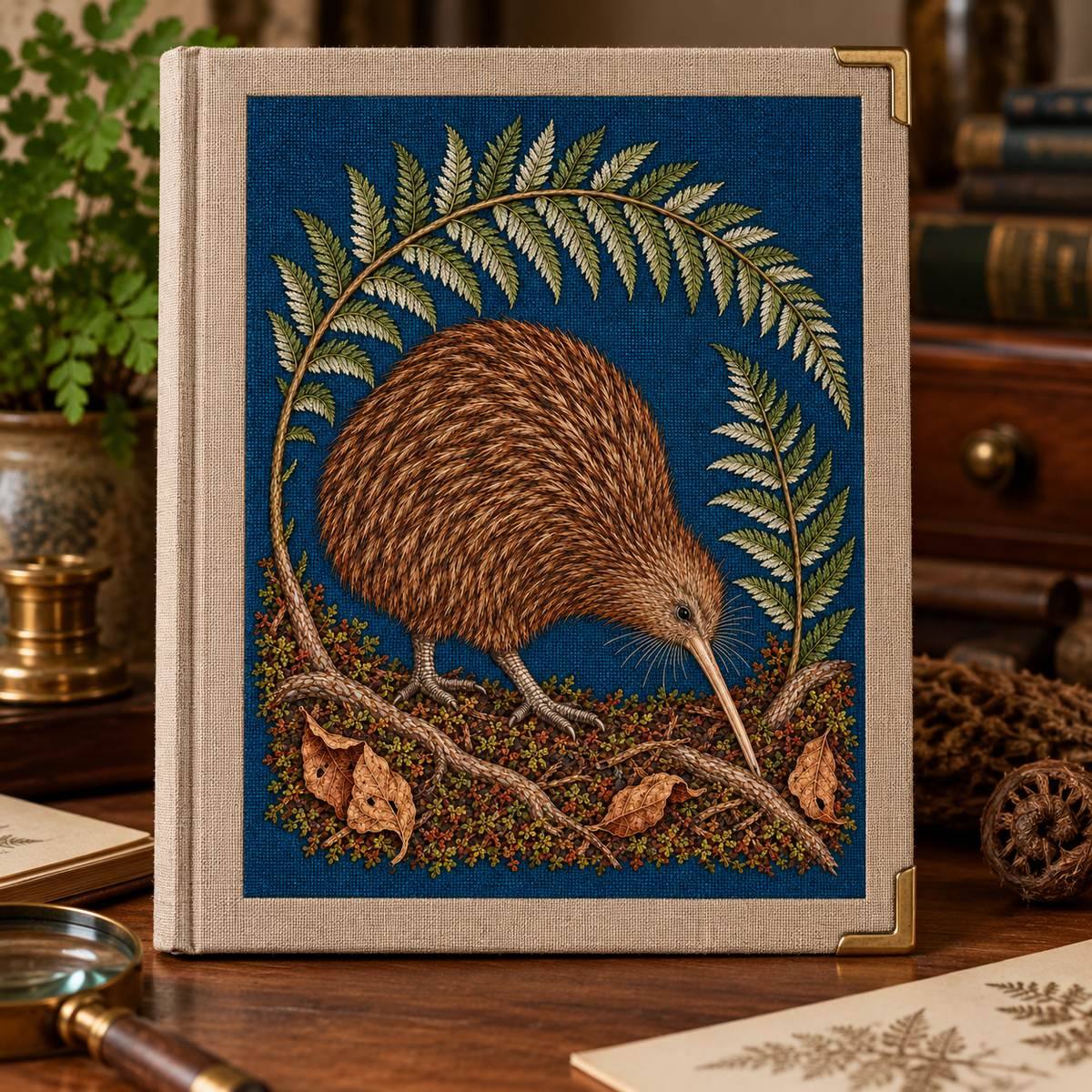 Kiwi embroidery design in a digital mockup of Linen-covered archival folio upright with closed spine left. Full portrait motif centred on cover, brass corner protectors, naturalist desk. Placement inspiration for Study 44.