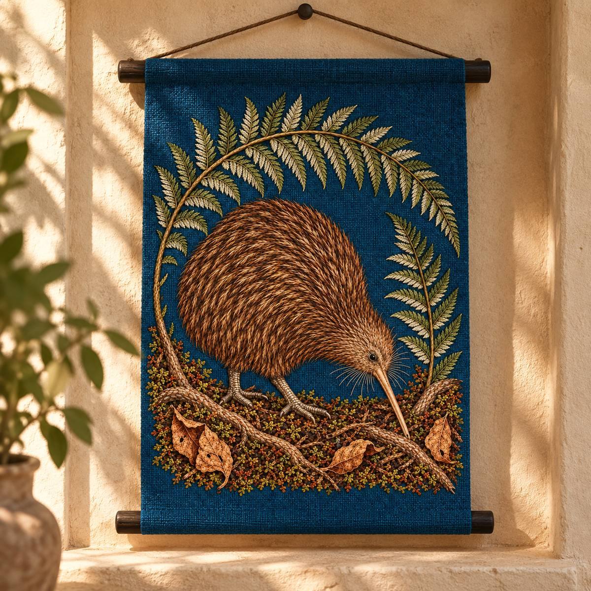 Kiwi embroidery design in a digital mockup of Narrow hanging textile with blackened oak rods, cloth and motif . Hanging upright on a warm plaster niche, leaf-filtered morning light. Placement inspiration for Study 44.