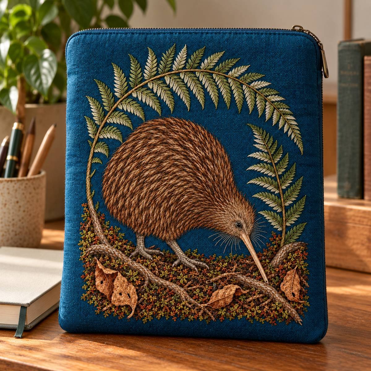 Kiwi embroidery design in a digital mockup of Petrol linen padded book sleeve , zipper edge, standing upright beside an unmarked notebook on a writing desk. Entire portrait motif front, not a cropped patch. Placement inspiration for Study 44.