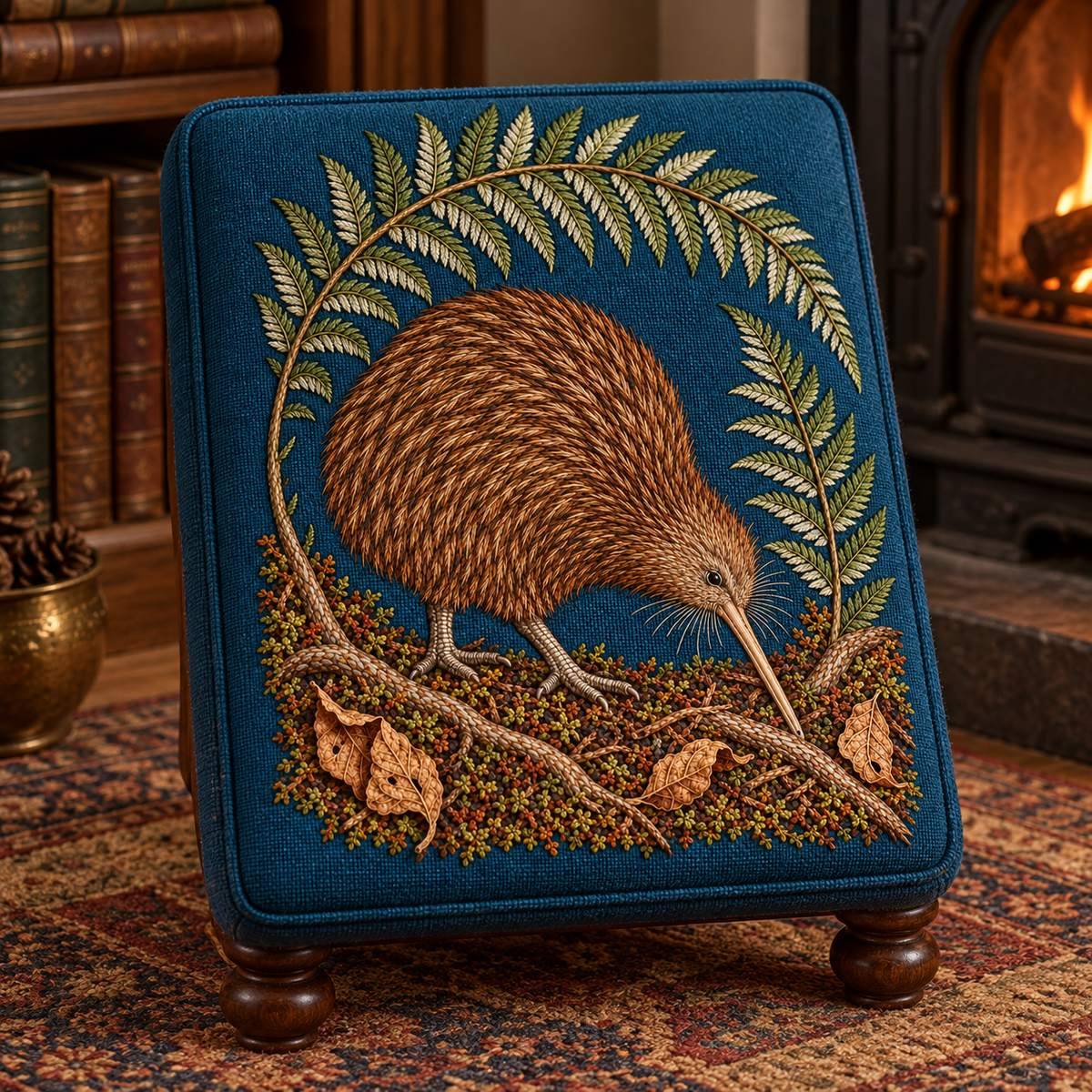 Kiwi embroidery design in a digital mockup of A small rectangular fireside footstool tilted against its side so its upholstered top faces camera upright. Full portrait motif correctly upright on the top, earthy library setting. Placement inspiration for Study 44.