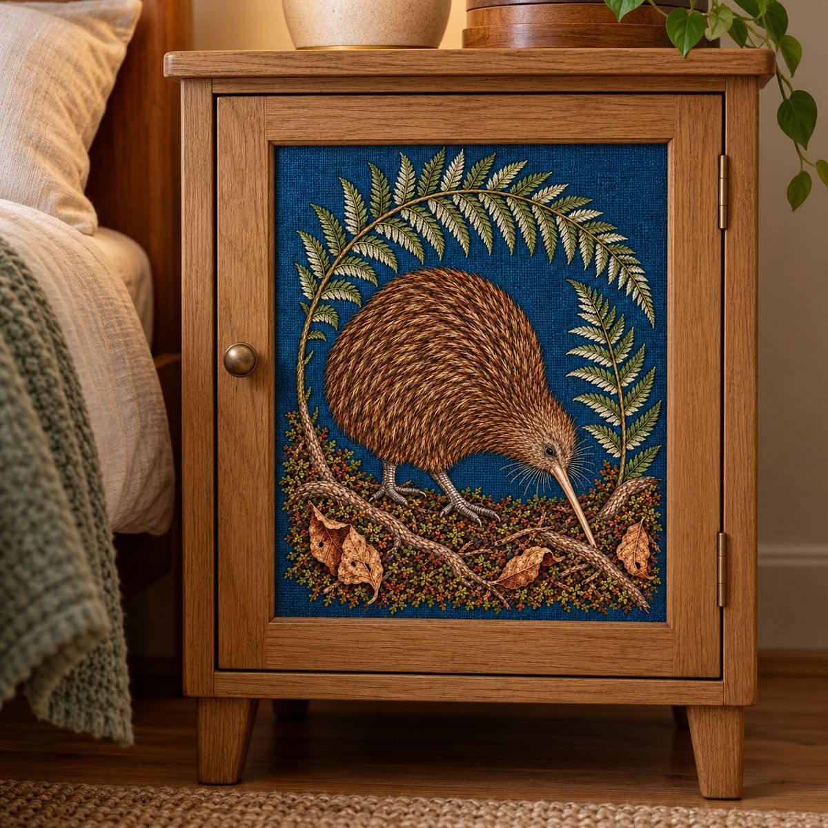 Kiwi embroidery design in a digital mockup of Portrait textile insert in a small oak bedside cabinet door . Actual cabinet tall on short legs; close camera, quiet bedroom. Placement inspiration for Study 44.