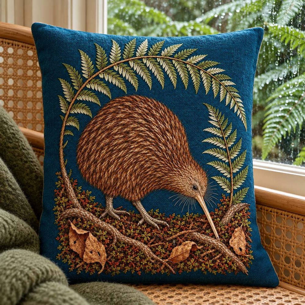 Kiwi embroidery design in a digital mockup of Small rectangular petrol cushion standing upright in a cane window seat. Whole portrait motif, not enlarged or wrapped around edges; wet fern foliage outside. Placement inspiration for Study 44.