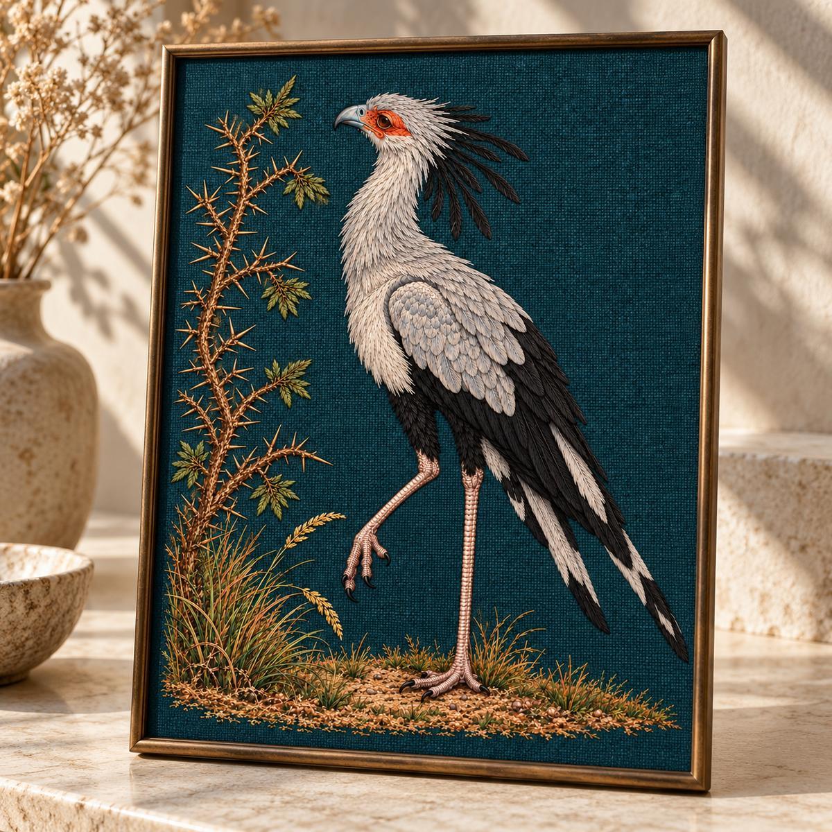 Secretarybird embroidery design shown in a digital mockup of Simple thin bronze frame with a deep indigo-green embroidered portrait , leaning on a pale stone desk under warm daylight. Tight object photography. Study 45.