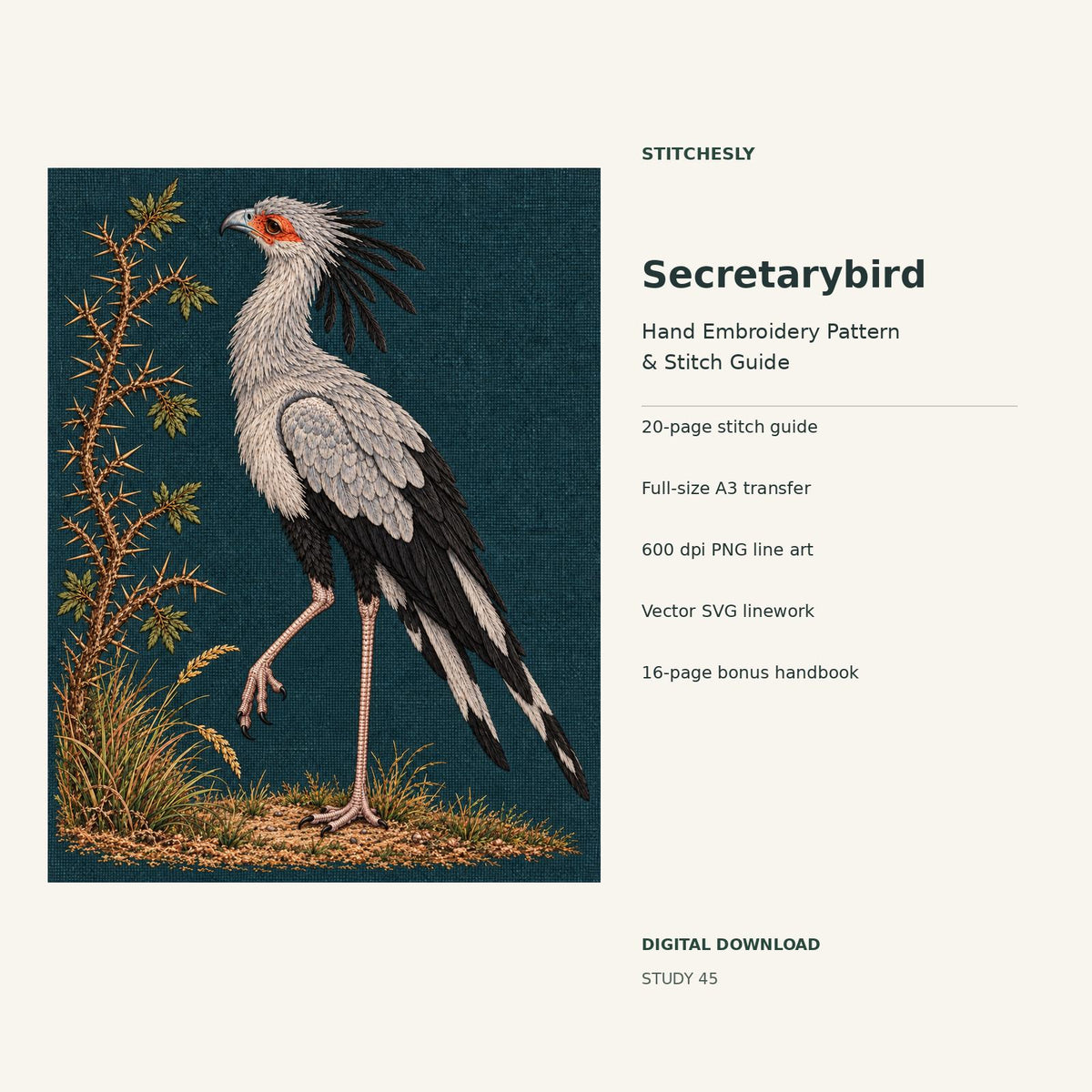 Secretarybird hand embroidery digital package cover showing the reference artwork and included guide, transfer, PNG, SVG and bonus handbook.