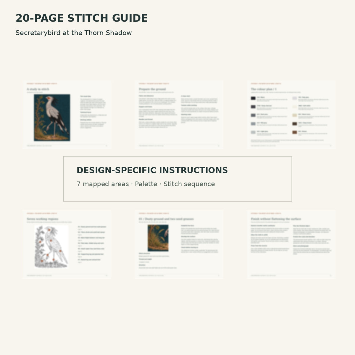 Protected page overview of the 20-page Secretarybird stitch guide, including its numbered map, suggested palette and working sequence.