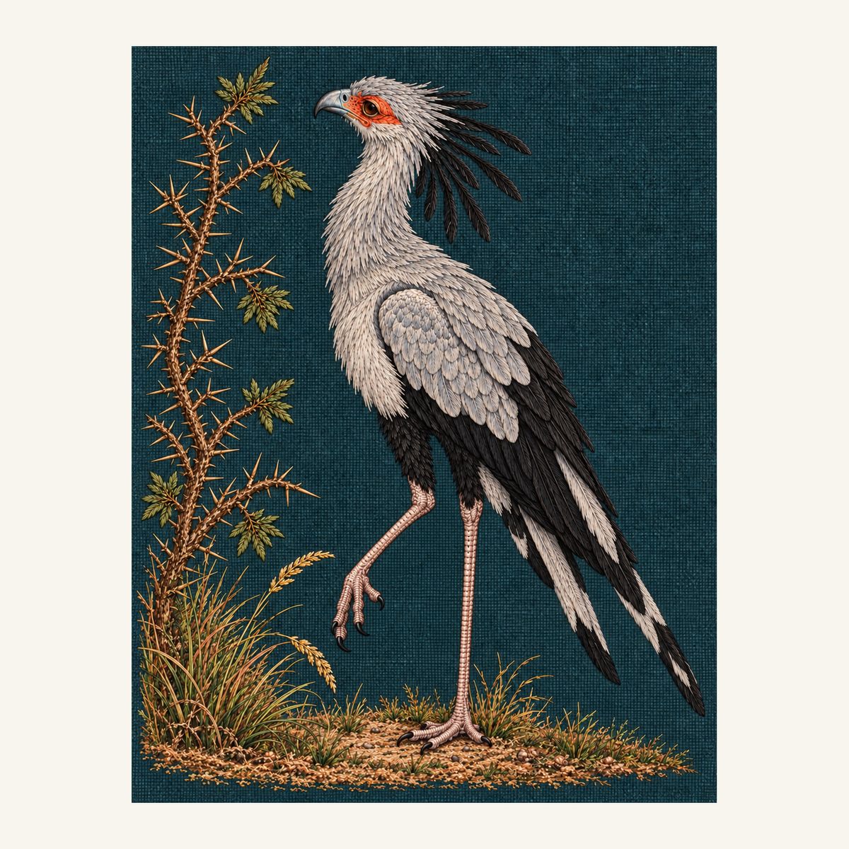 Digital embroidery reference showing a secretarybird beside thorn branches on deep smoky indigo-green linen, portrait composition.