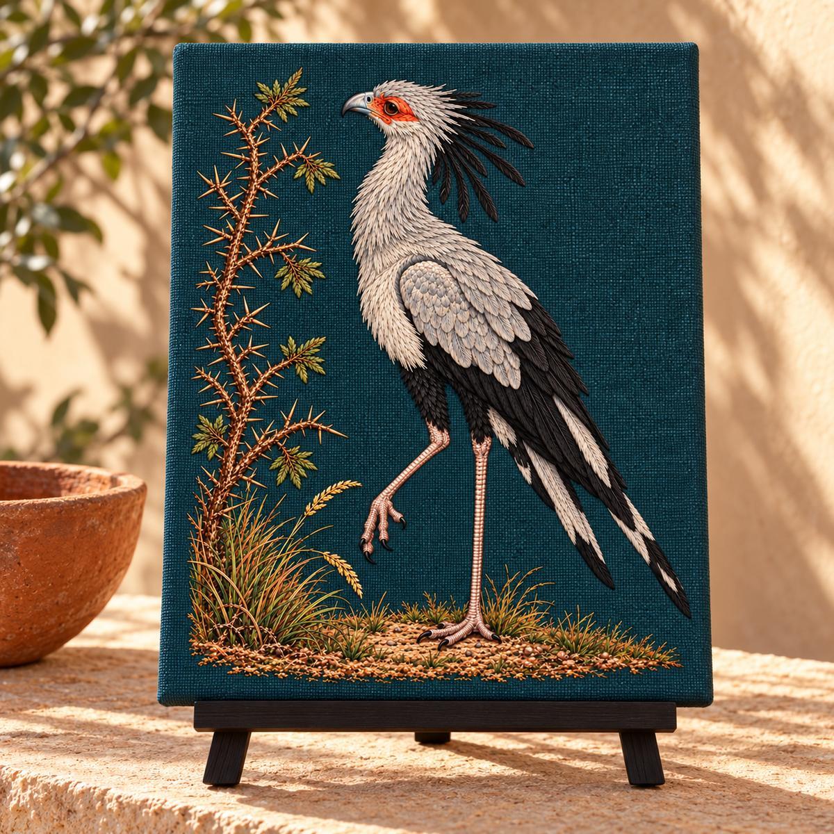 Secretarybird embroidery design in a digital mockup of A slender ebony tabletop easel holding a portrait textile board with full motif. A single terracotta bowl on a sunlit stucco ledge. Placement inspiration for Study 45.