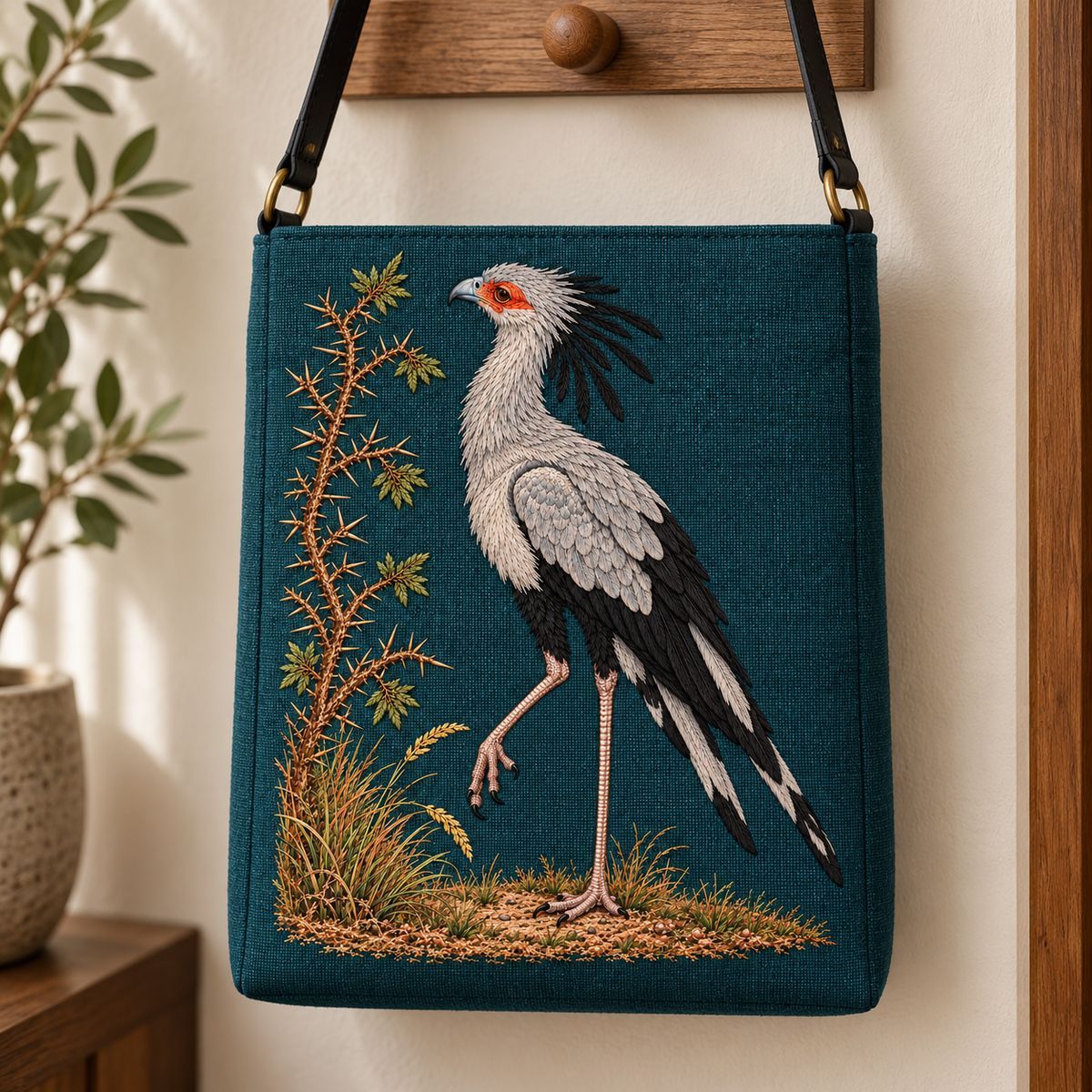 Secretarybird embroidery design in a digital mockup of Tall structured indigo-green linen crossbody bag with slim black leather strap, full portrait motif on front. Hanging from a peg in a minimalist entryway. Placement inspiration for Study 45.