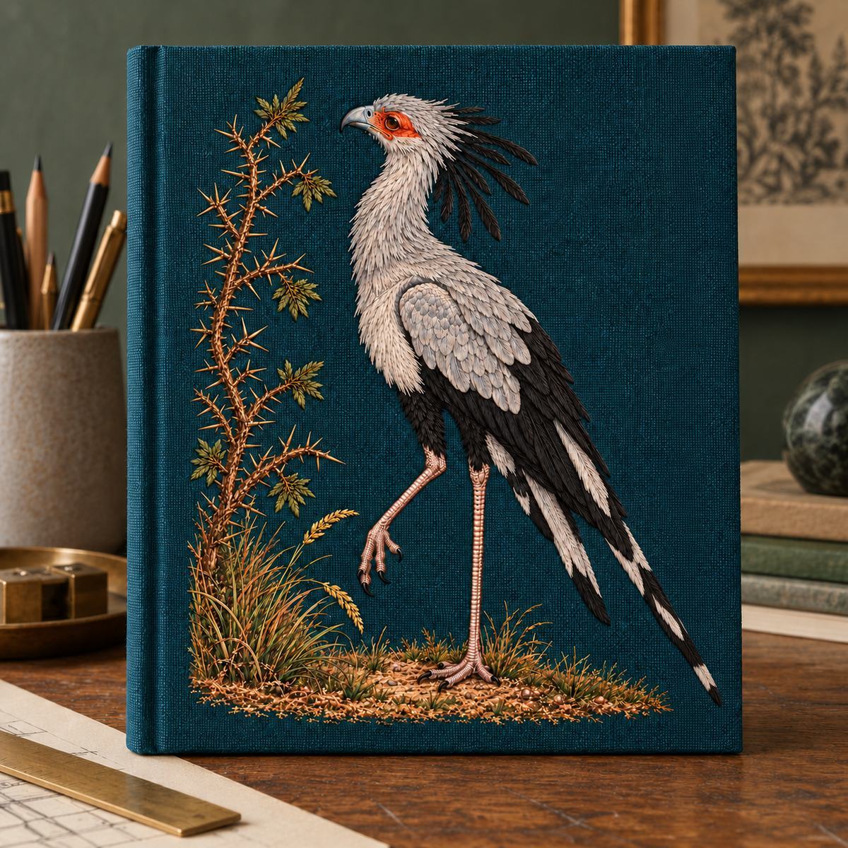 Secretarybird embroidery design in a digital mockup of Closed hardbound drawing portfolio , indigo-green linen cover and narrow ochre elastic at extreme side outside artwork. Upright on architect desk. Placement inspiration for Study 45.