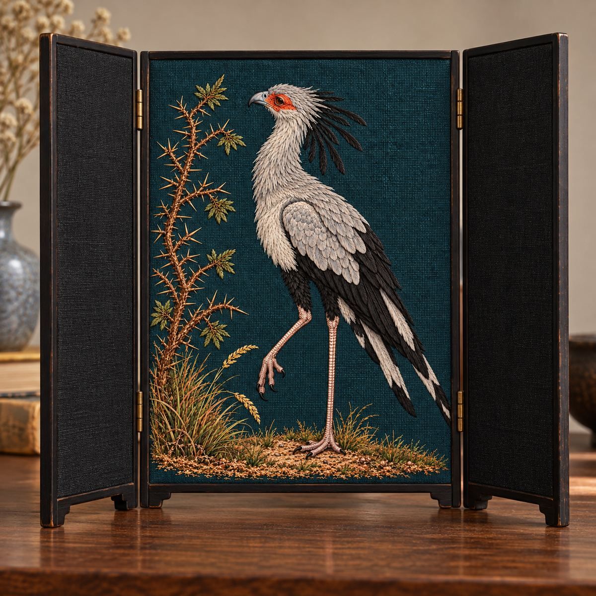 Secretarybird embroidery design in a digital mockup of Small freestanding folding tabletop screen with ONE central portrait embroidered panel and two narrow plain black-linen side panels. Whole screen only high, on a desk, not a floor room divider. Placement inspiration for Study 45.