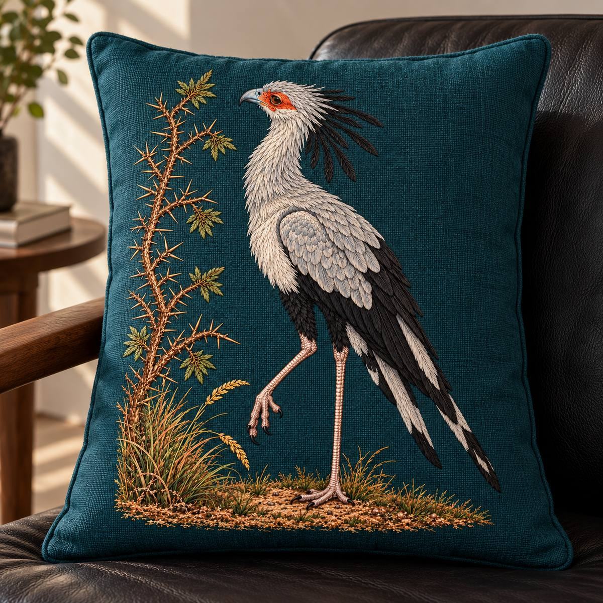 Secretarybird embroidery design in a digital mockup of Indigo-green tall rectangular cushion on low black leather lounge chair. Full upright motif, separate legs preserved, morning side light. Placement inspiration for Study 45.