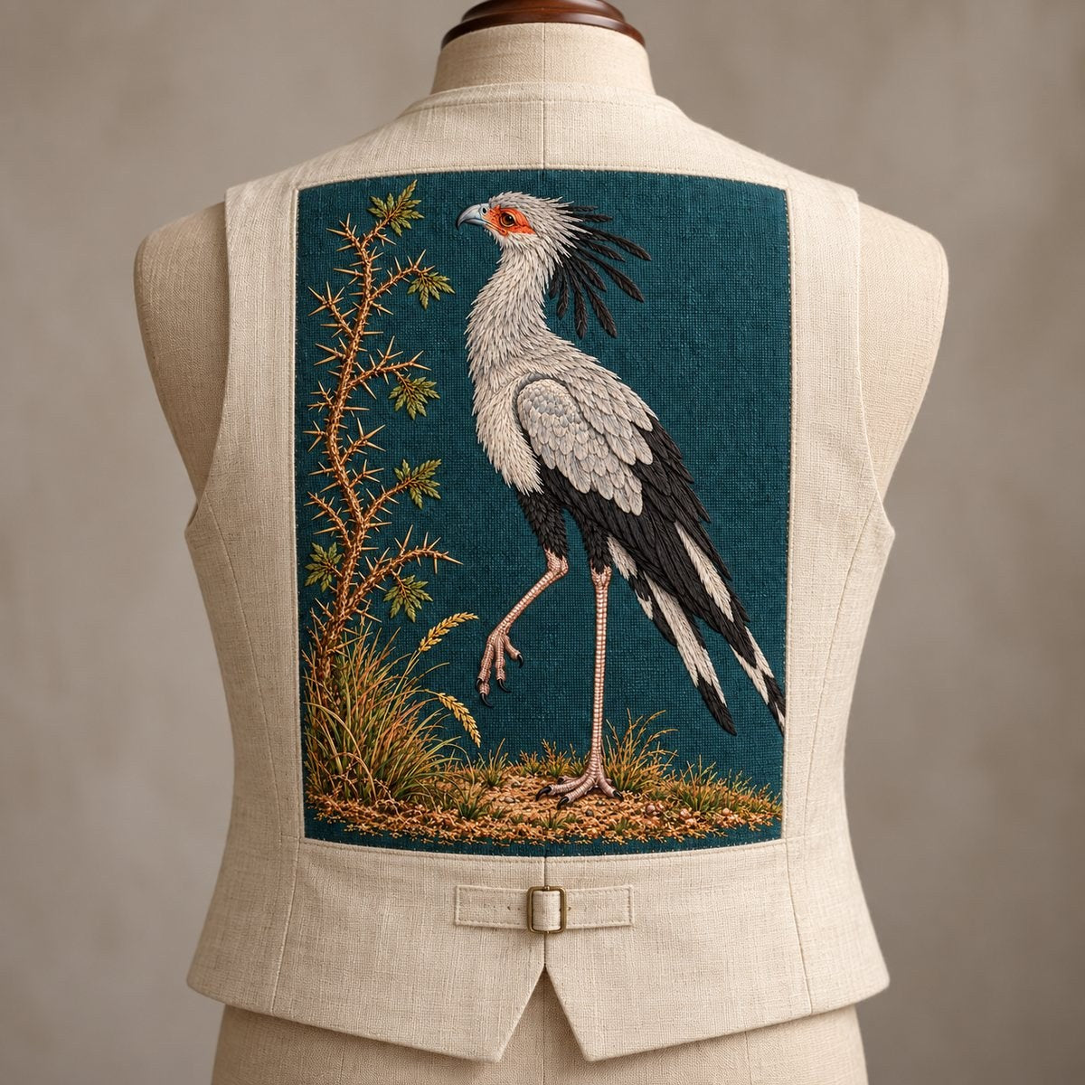 Secretarybird embroidery design in a digital mockup of Removable decorative portrait back panel on a cream linen sleeveless waistcoat, mounted on torso mannequin. Full motif upright, no person, restrained studio. Placement inspiration for Study 45.