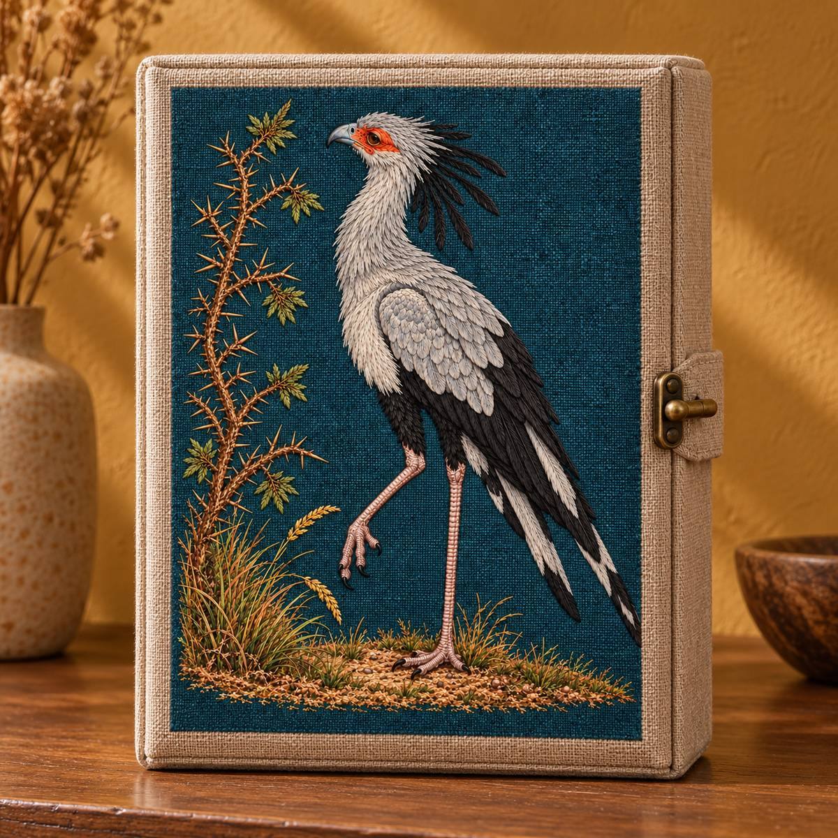 Secretarybird embroidery design in a digital mockup of Front panel of a small linen keepsake case 29 x standing vertically on a shelf. Full portrait motif on lid, brass toggle outside motif, ochre wall. Placement inspiration for Study 45.