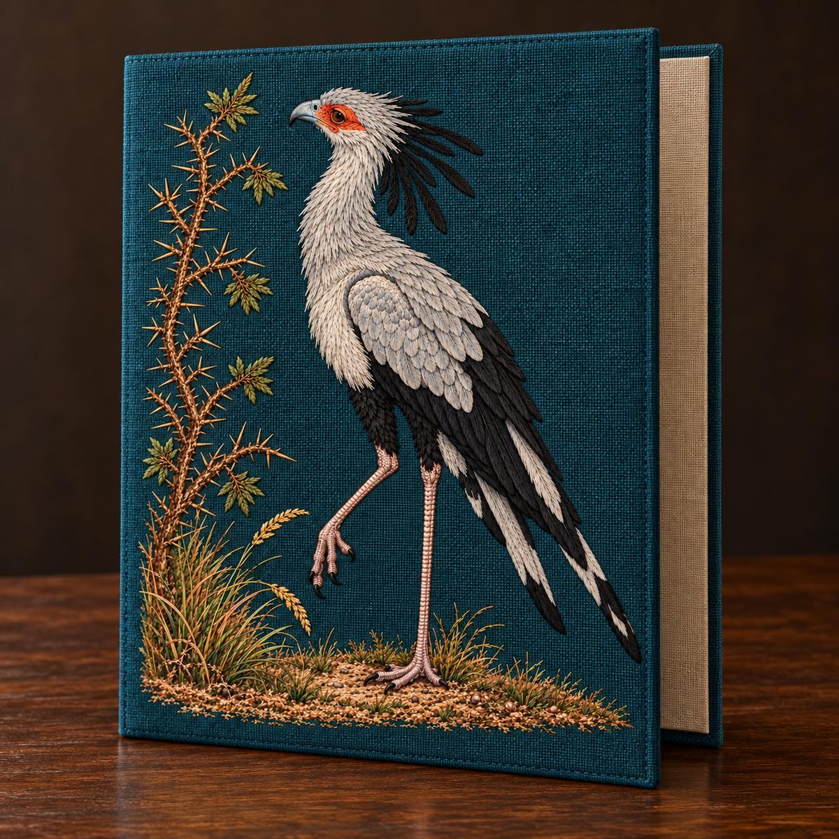 Secretarybird embroidery design in a digital mockup of Upright linen art folder opened like a book, embroidered outer cover facing camera and a slim plain interior edge visible. Dark wood writing table, no other motifs. Placement inspiration for Study 45.