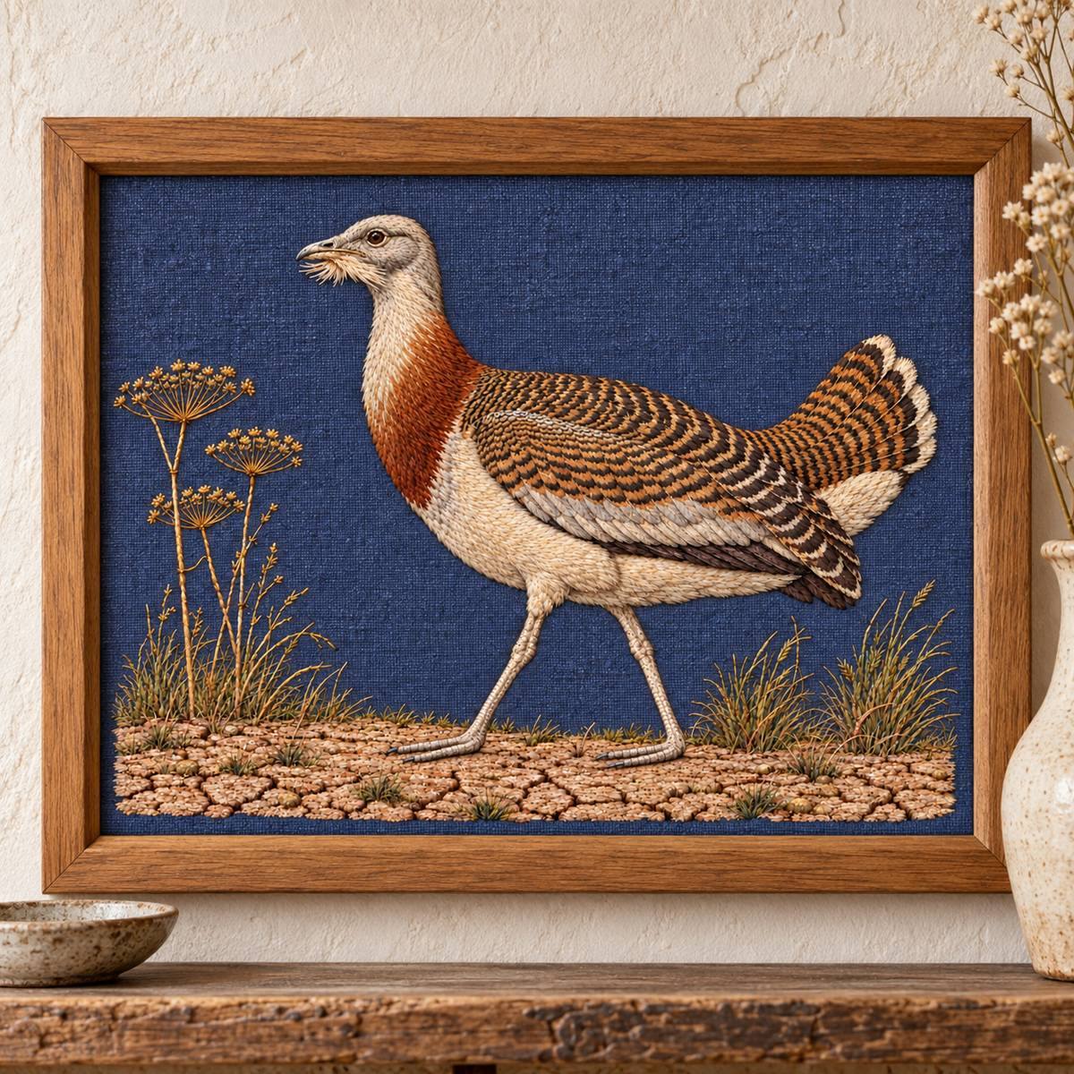 Bustard embroidery design shown in a digital mockup of Horizontal oak frame for textile, on a pale rural cottage wall above a narrow shelf. Tight framing, no huge room scene. Study 46.