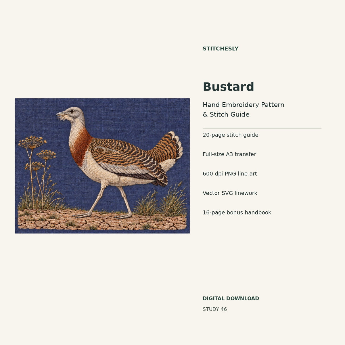 Bustard hand embroidery digital package cover showing the reference artwork and included guide, transfer, PNG, SVG and bonus handbook.