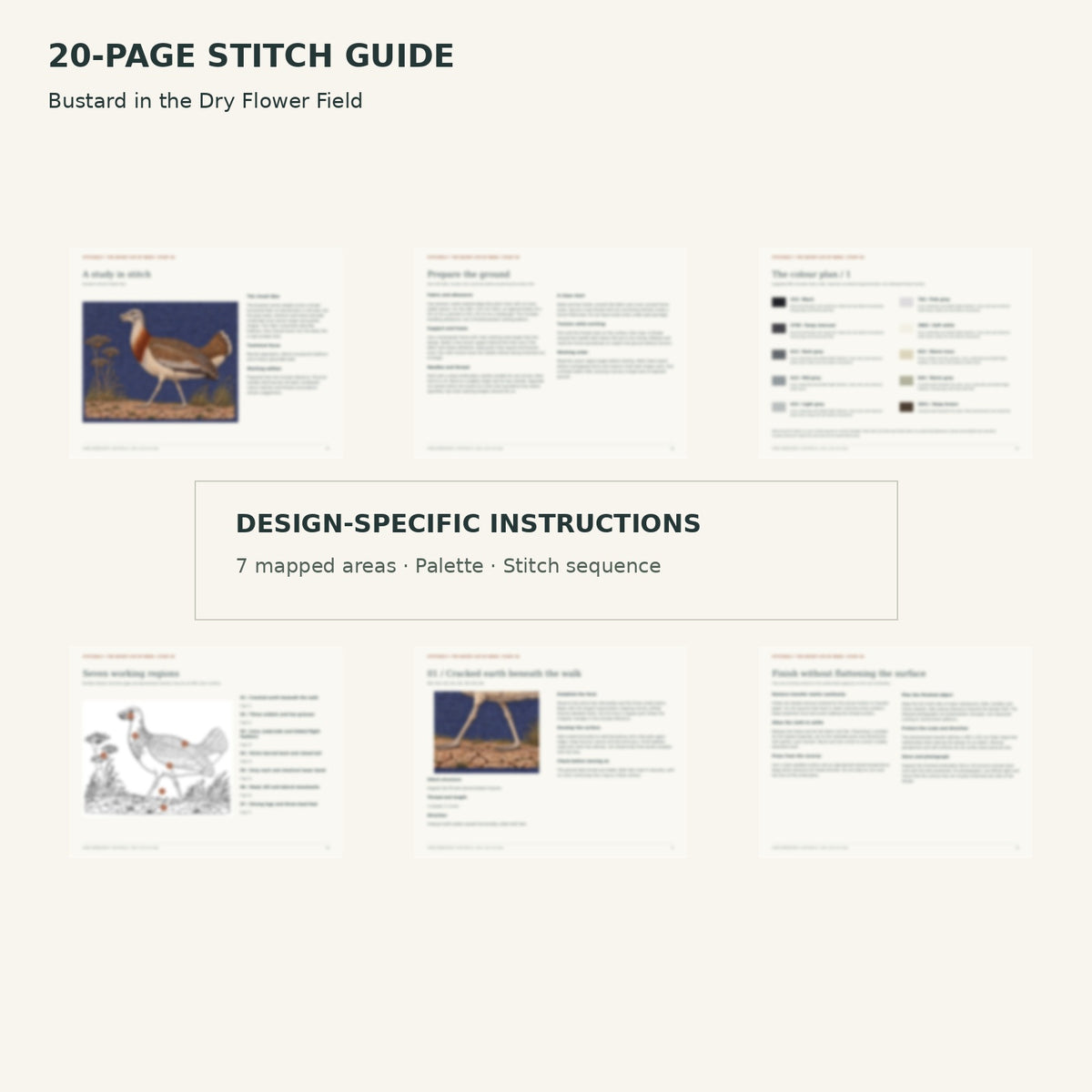 Protected page overview of the 20-page Bustard stitch guide, including its numbered map, suggested palette and working sequence.