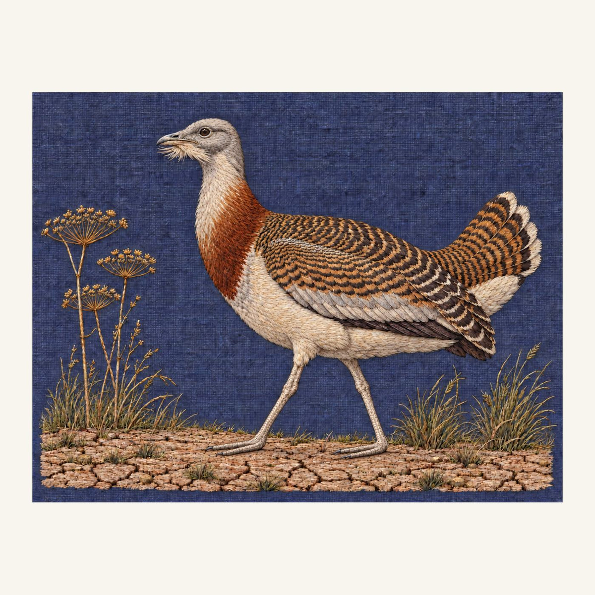 Digital embroidery reference showing a bustard crossing a dry flower field on washed deep blue-plum linen, landscape composition.