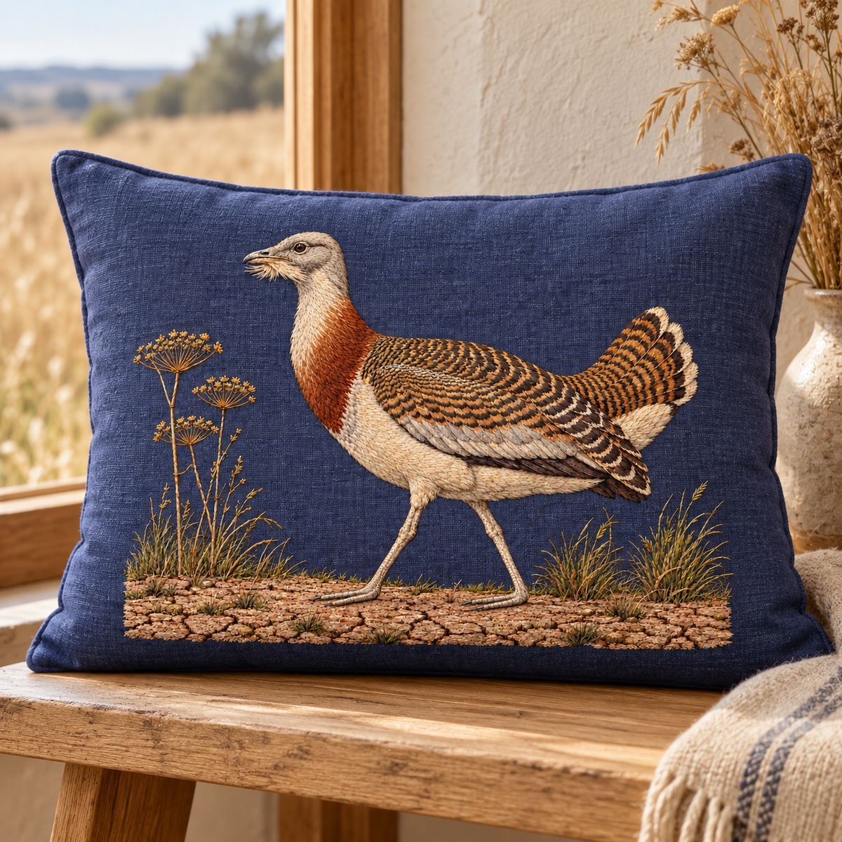 Bustard embroidery design in a digital mockup of Wide deep blue-plum lumbar cushion on a natural oak bench beside dry grass meadow window. Landscape motif centered, generous seam margins. Placement inspiration for Study 46.