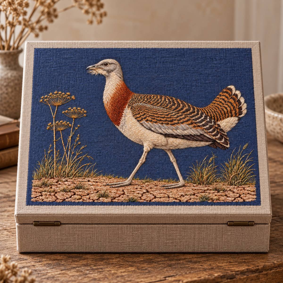 Bustard embroidery design in a digital mockup of Landscape linen-covered memory box 36 x with lid standing up facing camera. Full landscape motif on lid, plain interior, bronze hinge. Placement inspiration for Study 46.
