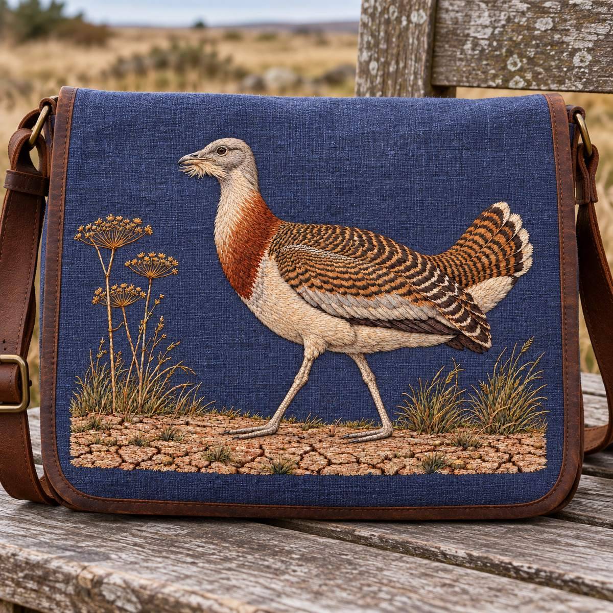 Bustard embroidery design in a digital mockup of Wide blue-plum linen messenger bag body , chestnut leather straps at edges outside embroidery. Whole landscape design on front; laid upright against a field station bench. Placement inspiration for Study 46.