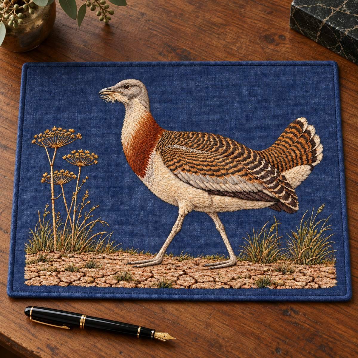 Bustard embroidery design in a digital mockup of Small landscape embroidered desk blotter panel lying flat, photographed near-overhead with top edge away. Entire motif, pen beside not over artwork. Placement inspiration for Study 46.