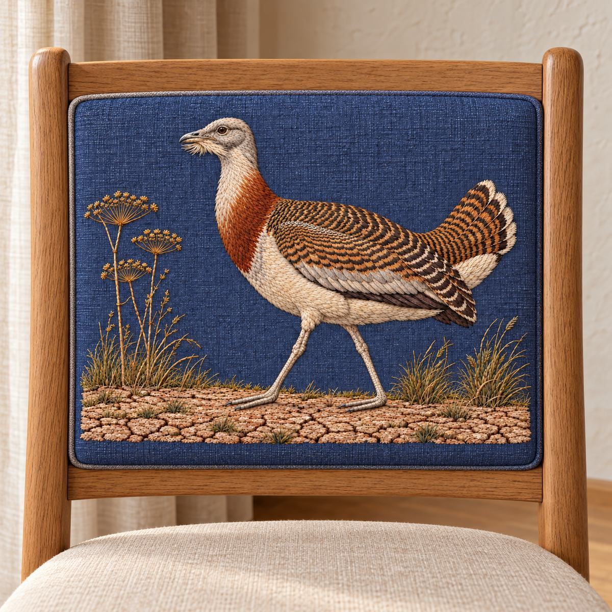Bustard embroidery design in a digital mockup of Wide upholstered back insert on one oak dining chair. Landscape design correctly upright, soft oat curtains and plaster wall, close frontal view. Placement inspiration for Study 46.