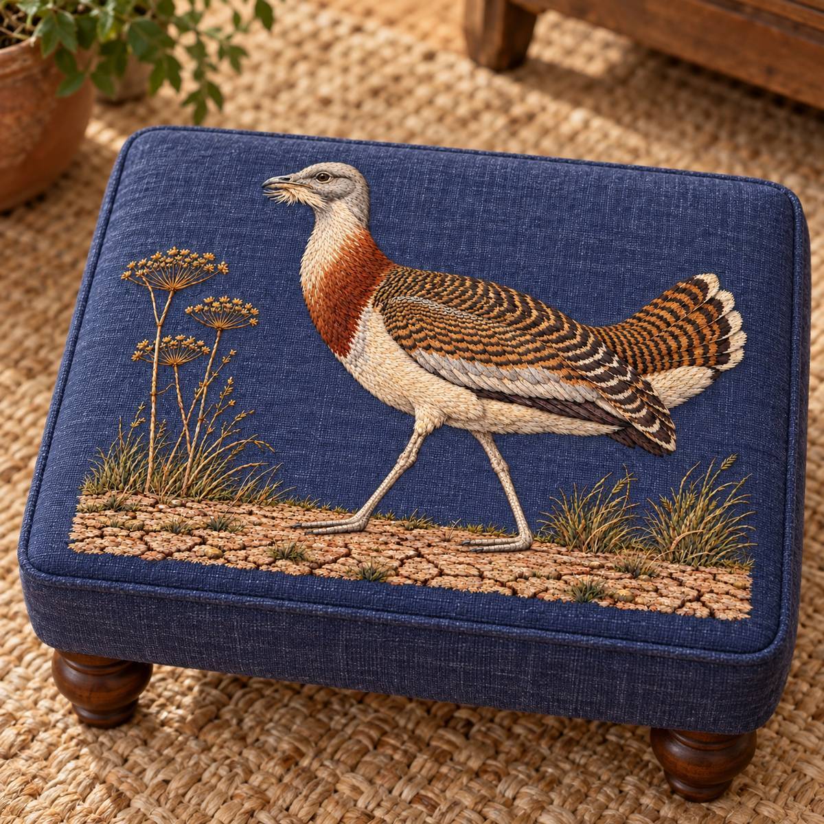Bustard embroidery design in a digital mockup of Blue-plum linen ottoman lid , small low footstool angled gently toward camera to show complete landscape embroidery. Natural woven rug. Placement inspiration for Study 46.