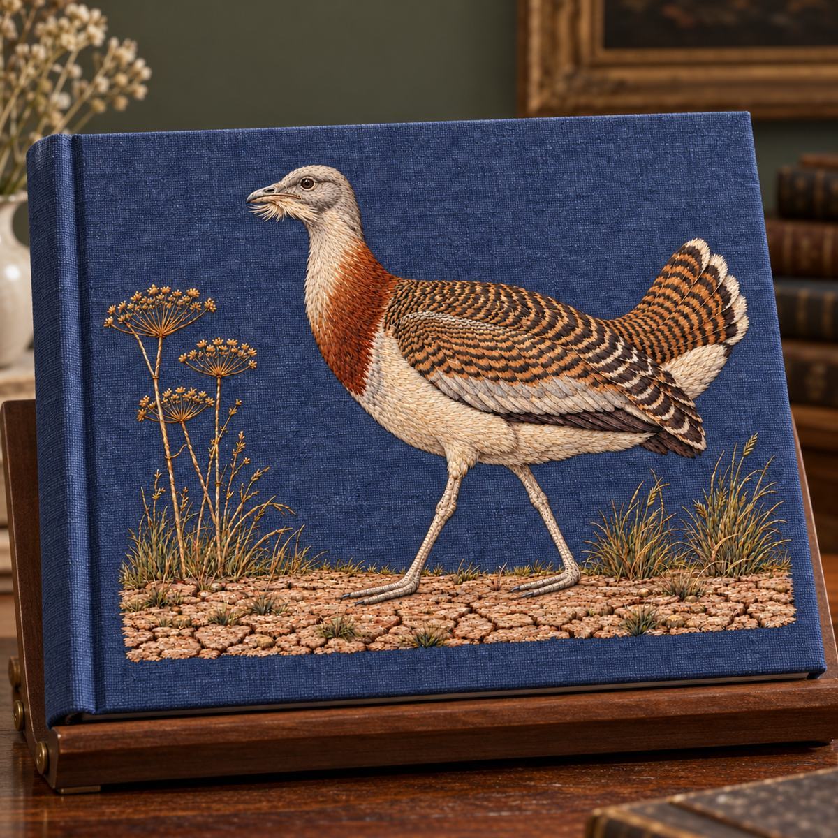 Bustard embroidery design in a digital mockup of Landscape cloth-bound landscape album , closed on an inclined museum book support. Complete motif on cover, spine left, quiet study room. Placement inspiration for Study 46.
