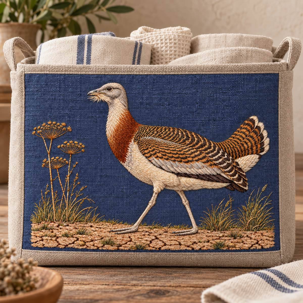Bustard embroidery design in a digital mockup of Rectangular linen storage basket with wide flat front , full landscape embroidered front insert. Rolled plain tea towels peek from top, no cloth crosses bird. Placement inspiration for Study 46.