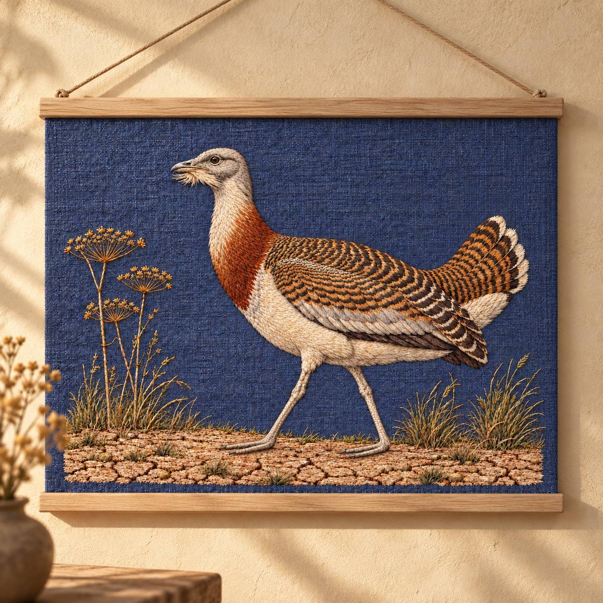 Bustard embroidery design in a digital mockup of Horizontal hanging textile panel with two narrow ash battens at top and bottom, full landscape motif. Warm limewash wall, afternoon field light. Placement inspiration for Study 46.