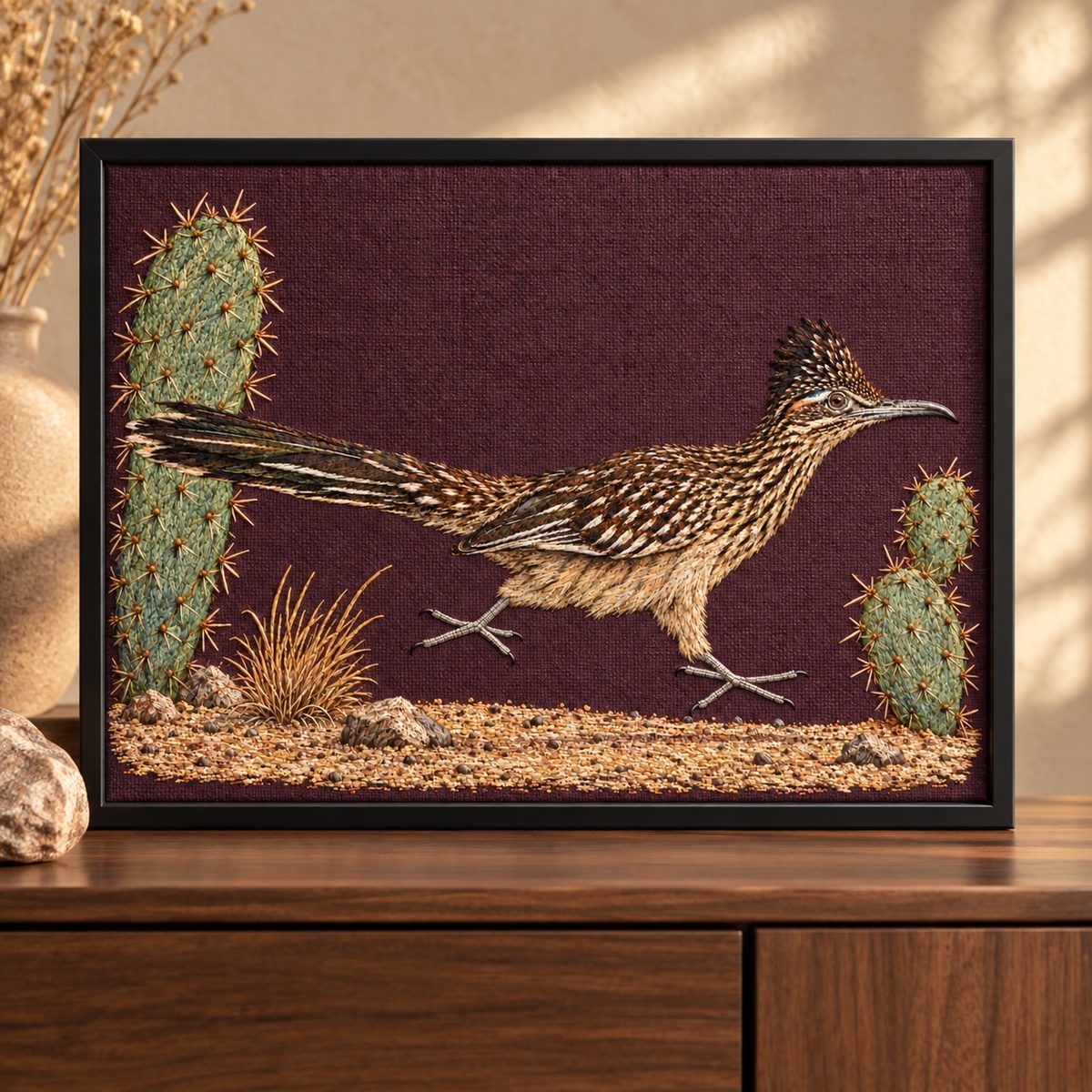 Roadrunner embroidery design shown in a digital mockup of Horizontal black metal art frame holding textile above a low walnut cabinet, close crop on frame, distant soft desert light. Study 47.