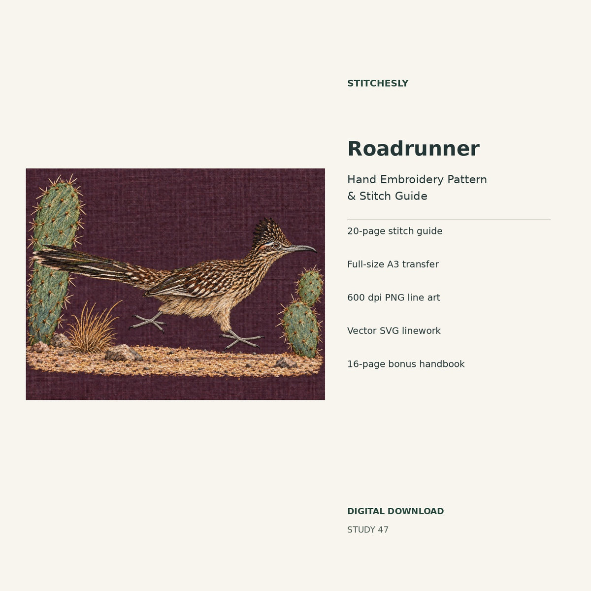 Roadrunner hand embroidery digital package cover showing the reference artwork and included guide, transfer, PNG, SVG and bonus handbook.