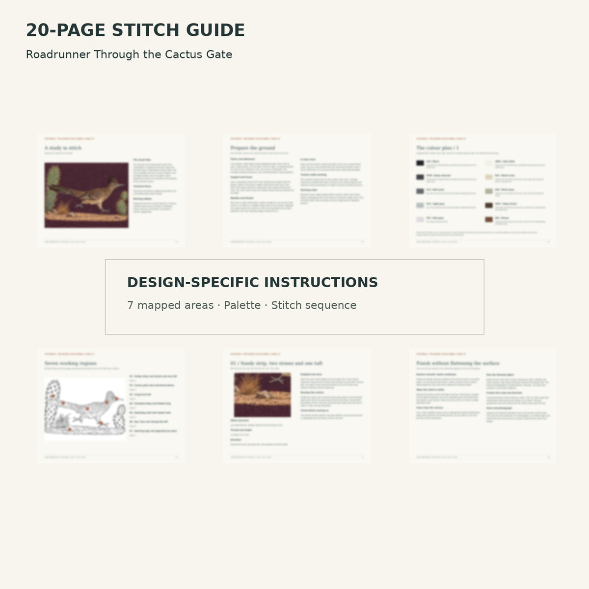 Protected page overview of the 20-page Roadrunner stitch guide, including its numbered map, suggested palette and working sequence.