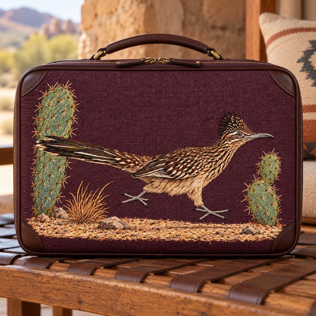 Roadrunner embroidery design in a digital mockup of Compact aubergine linen travel case with rounded leather edges, landscape motif . Upright on desert lodge luggage bench. Placement inspiration for Study 47.